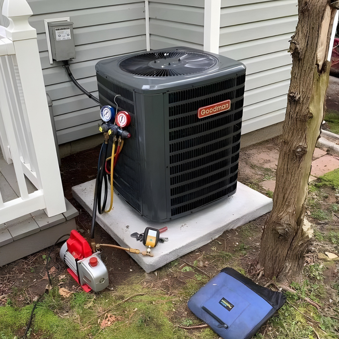 HVAC technician servicing outdoor AC condenser unit